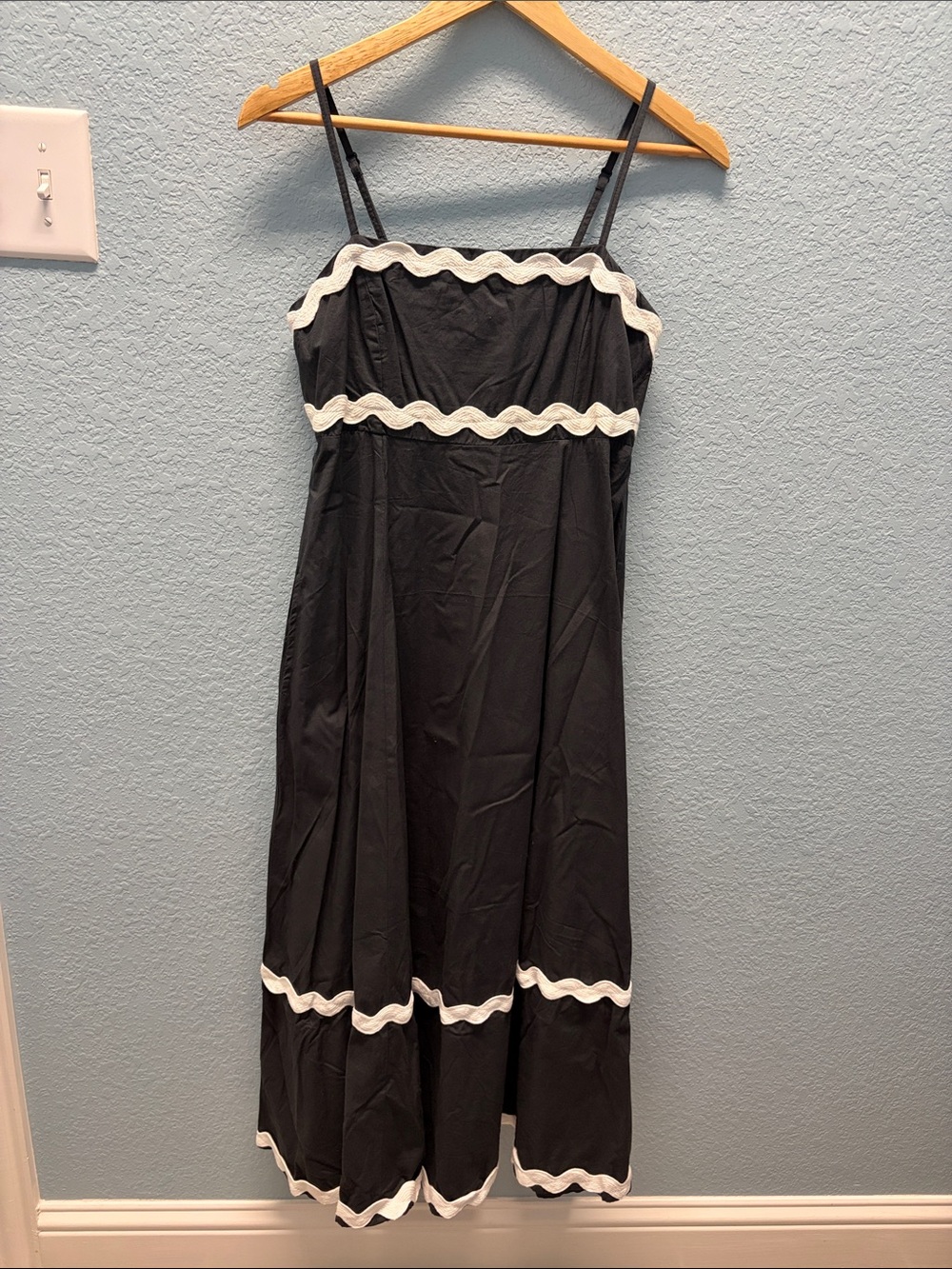 Black Midi Dress with White Scallop Trim - Women's Spaghetti Strap Dress